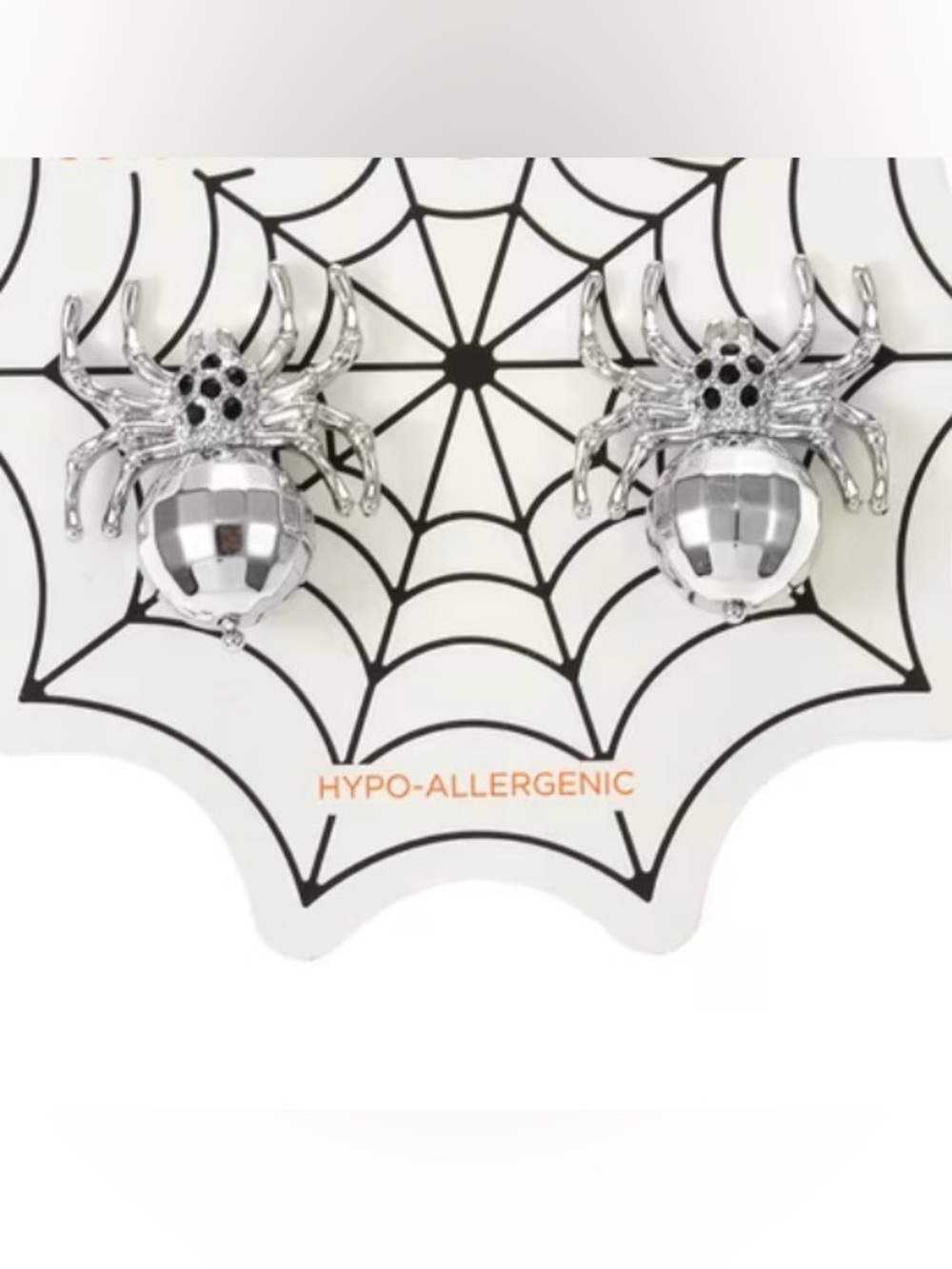 Silver Disco Ball Spider Halloween Earrings w/ Crystal Accent Hypoallergenic NWT